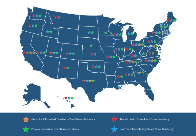 Map image showing which residency programs are available in each state