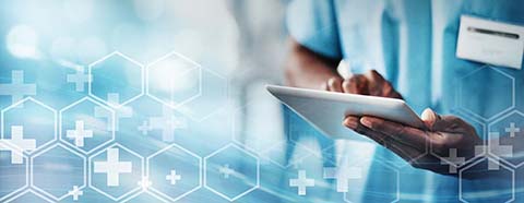 Doctor with tablet, medical and technology transformation overlay, digital healthcare system with online health info. Hospital data, black man hands in medicine mockup, tech innovation and research.