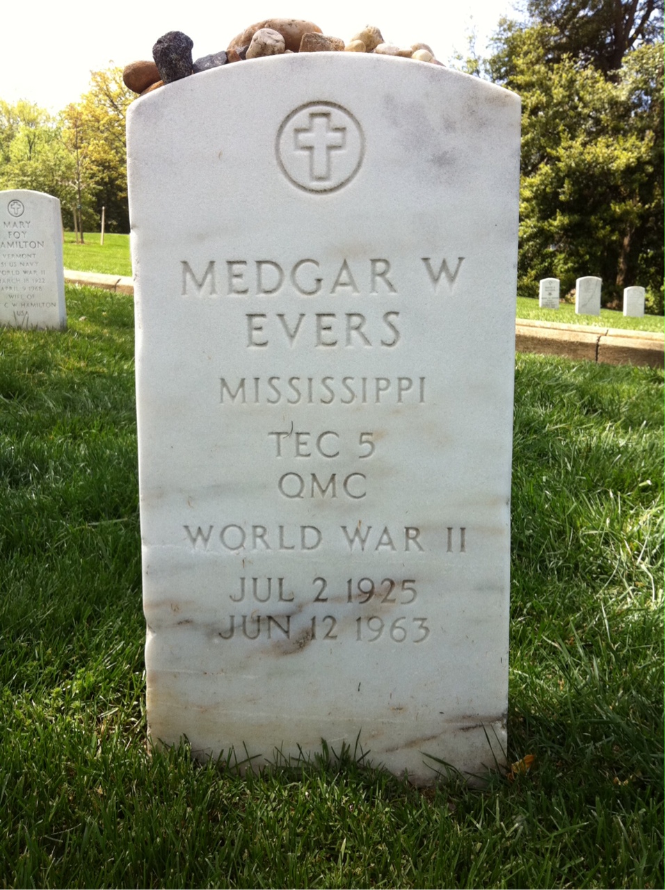 Medgar Evers burial marker at Arlington National Cemetery. White stone with name engraved. (U.S. Army)