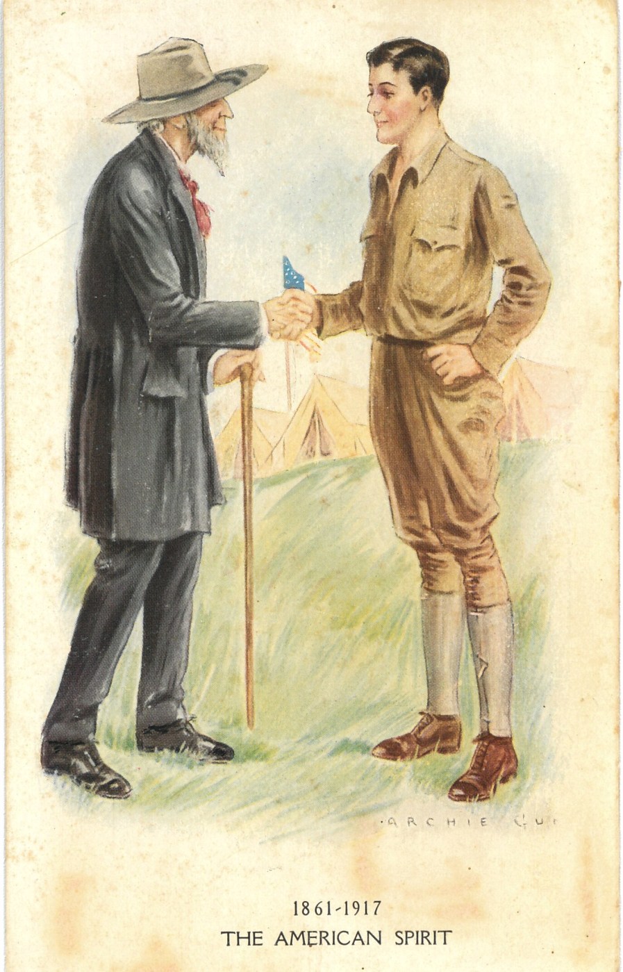 “1861 – 1917 The American Spirit,” signed by Archie Gunn. Illustrated Postal Card & Novelty Co., NY, unused, ca. 1917. Aged Civil War veteran and young WWI soldier shake hands. (NCA)