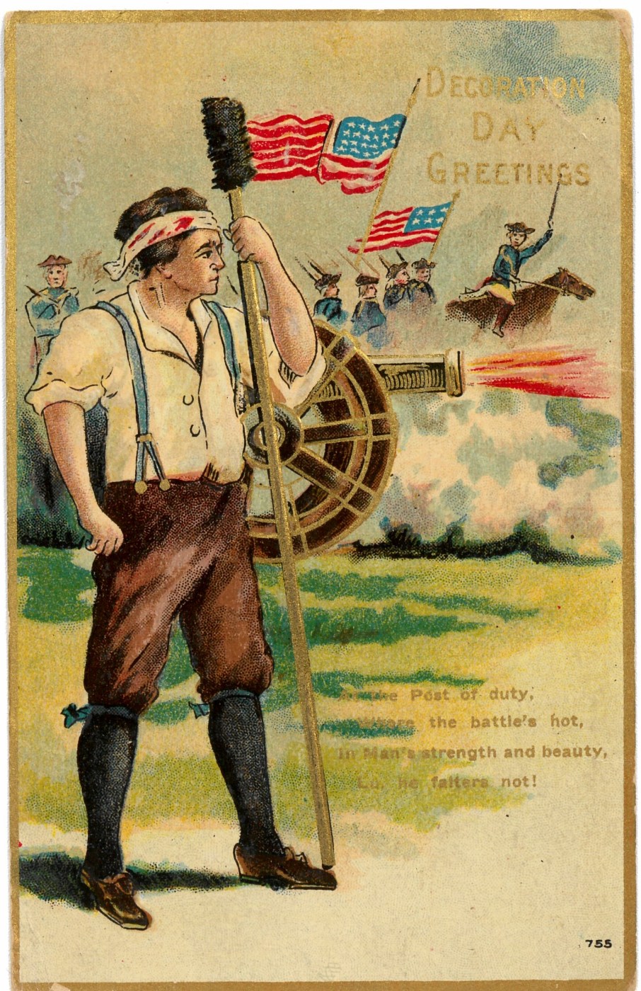 “Decoration Day Greetings,” gold highlights, cancelled May 30, 1909, no publisher. Message asks, “Do you like this one?” Revolutionary soldier in battle scene, author of verse unknown. (NCA)