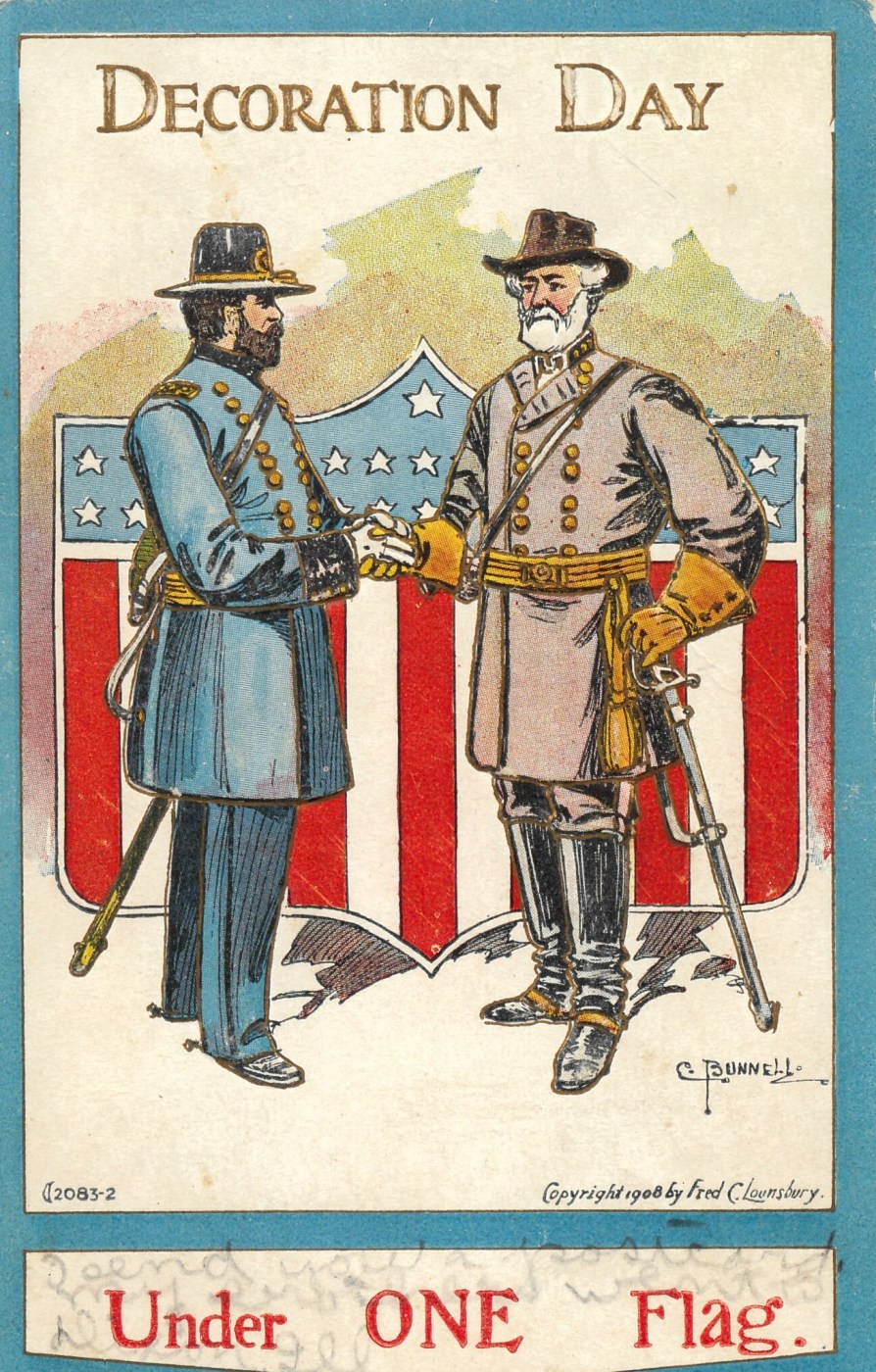 “Decoration Day, Under ONE Flag” signed C. Bunnell, embossed, cancelled July 1909. Publisher Fred C. Lounsbury, 1908. Presumably the image is of Ulysses S. Grant and Robert E. Lee. (NCA)
