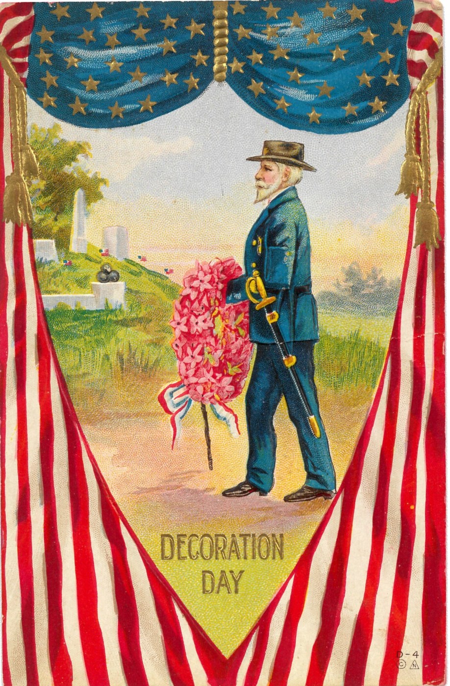 “Decoration Day,” gold highlights, embossed, unused, post 1907, no publisher. Old Union soldier carrying wreath to cemetery, framed by American flag elements. (NCA)
