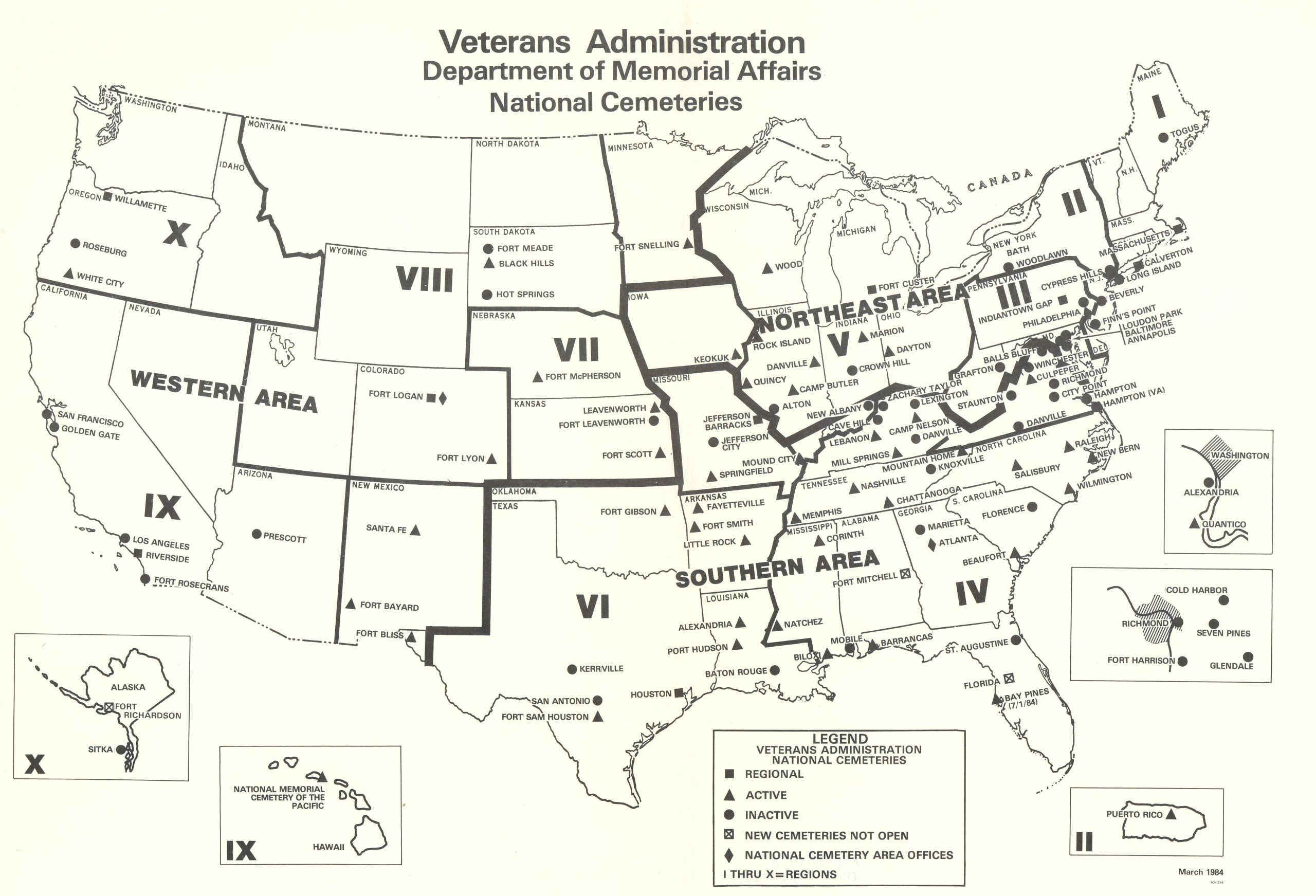 Map of the 10 standard Federal Regions, showing three NCS regional offices, and existing and proposed national cemeteries (April 1984); “regional” cemeteries are marked with a solid square. “National Cemeteries: Assessment of the Regional Cemetery Concept and Proposals for Meeting Veterans’ Future Burial Needs“ [Draft].