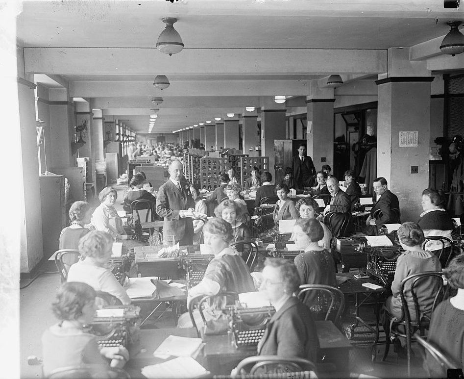 Typists in Veterans Bureau headquarters in Washington, DC, 1924.