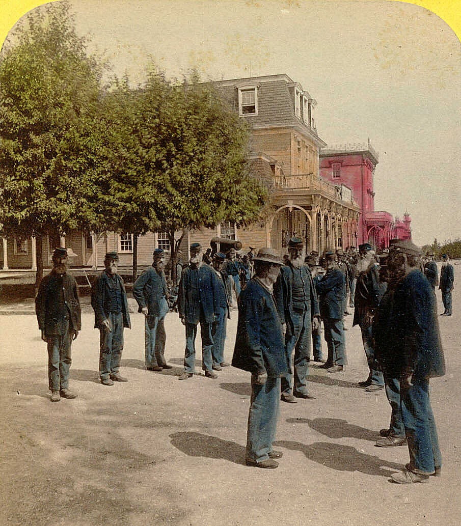 Veterans standing in front of barracks at Dayton NHDVS. (Photograph courtesy of the Dayton VAMC archives).