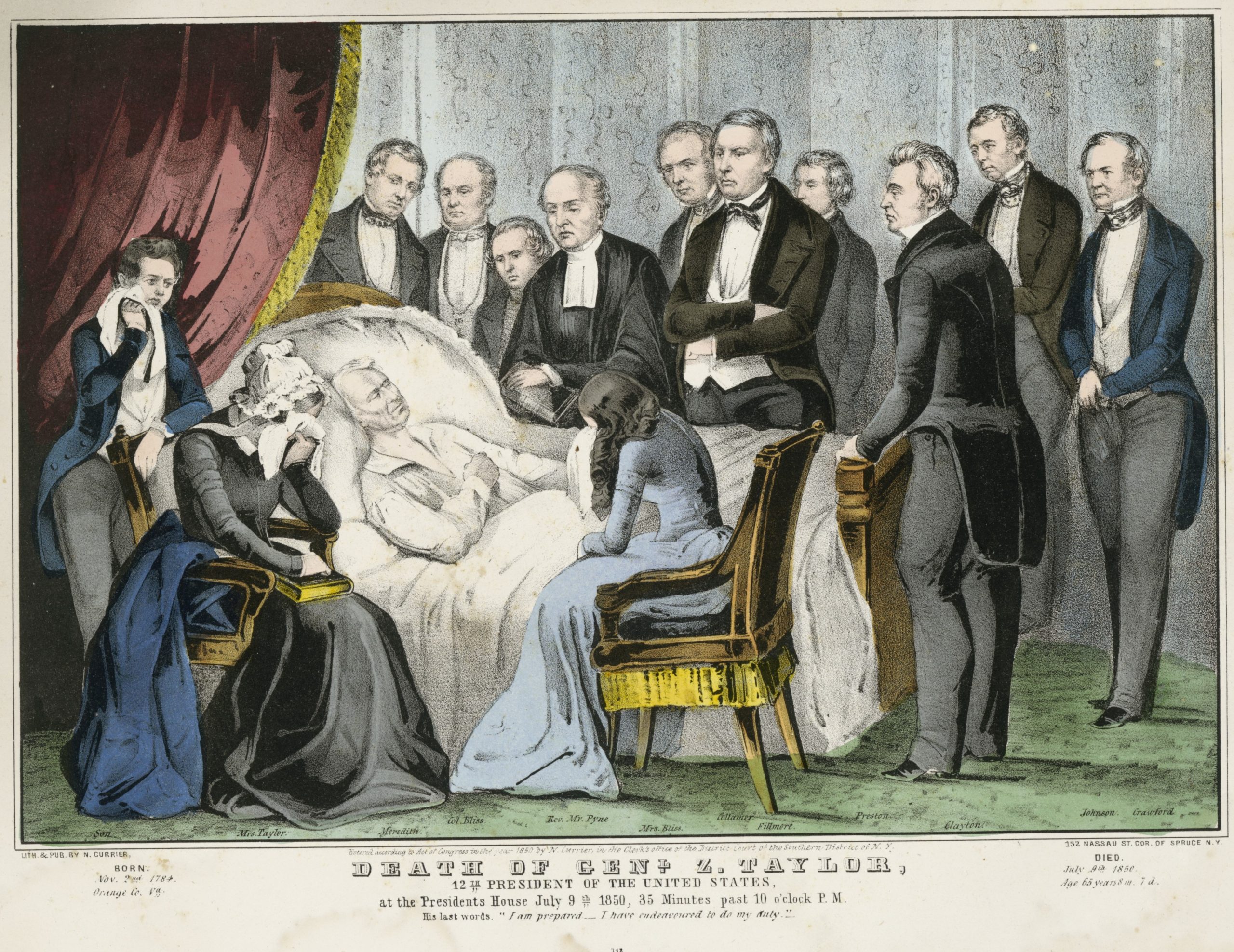 President Taylor on his deathbed, Currier and Ives lithograph,1850. He contracted cholera, most likely from drinking tainted liquids at a Fourth of July celebration. (National Portrait Gallery)