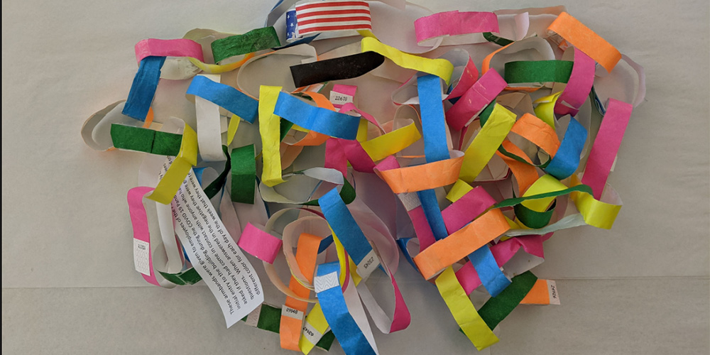 A wreath made from armbands used by VA medical center during COVID-19 pandemic.