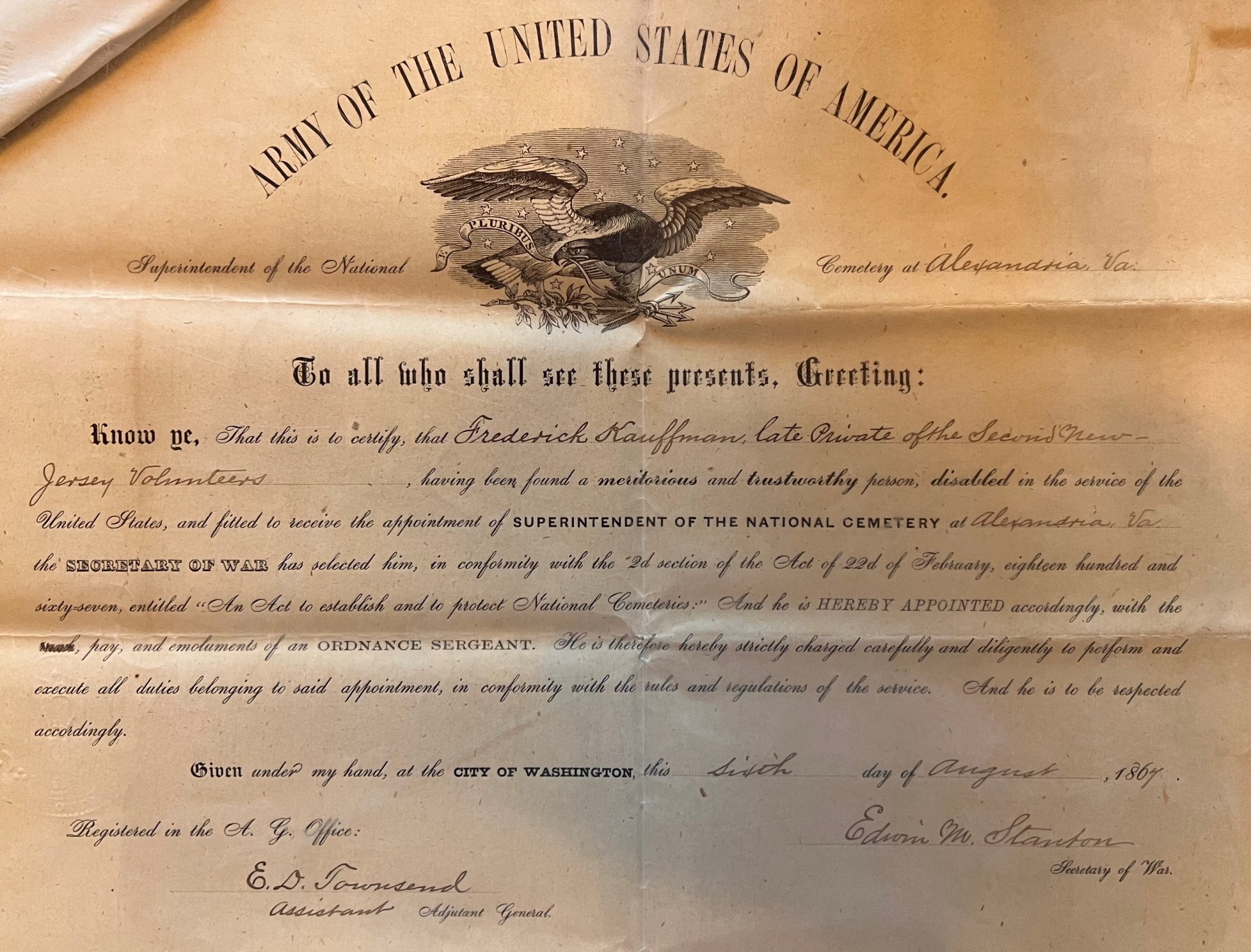 Certificate issued in 1867 by the Army to Frederick Kauffman