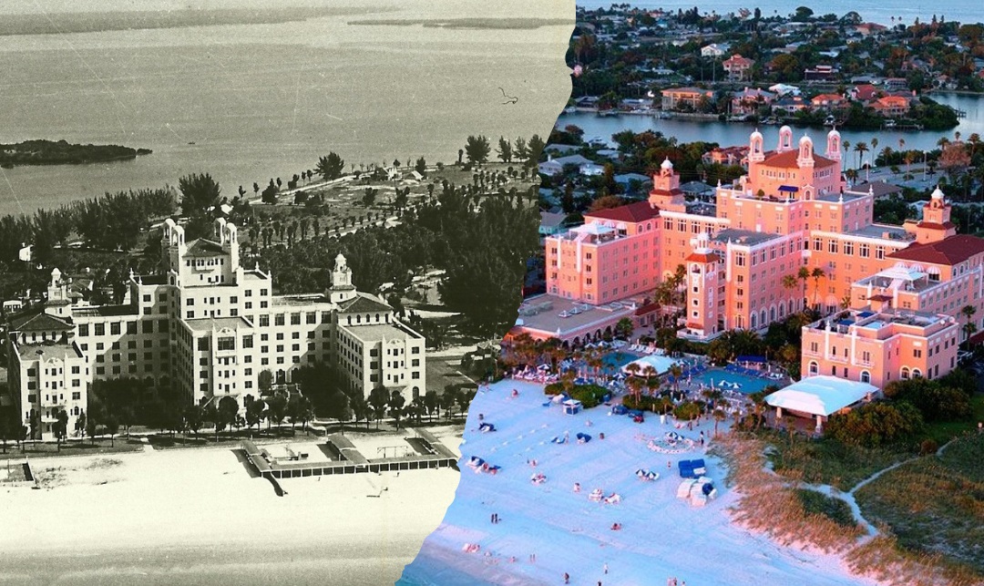 L: Don Ce-Sar Hotel in St. Petersburg, Florida, in 1940, on the eve of its sale to the U.S. government. R: The Don Ce-Sar in more recent years, restored to all of its former glory as a Gulf Coast vacation destination.
