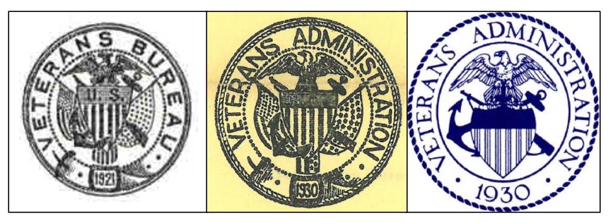 Evolution of the seal of the Veterans' Administration, the independent federal agency created in 1930 to manage benefits and medical services for Veterans of all wars. Left to right: Seal of VA’s immediate predecessor, the Veterans’ Bureau, established in 1921; first version of Veterans’ Administration seal; revised version adopted in 1946. (NVAHC)