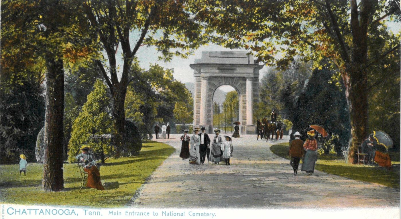 Postcard of Chattanooga National Cemetery gateway arch with parklike foreground. The Army built five such archways at national cemeteries in the South to honor the Union Civil War dead buried within. (NCA)