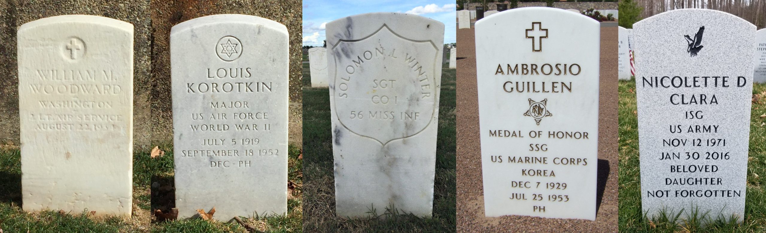 General headstones (left to right): WWI service with Latin cross and WWII service with Star of David, both Cypress Hills National Cemetery, New York; replacement for Civil War service with engraved shield, Baxter Springs Soldiers Lot, Kansas; Medal of Honor Bicentennial design, Fort Bliss National Cemetery, Texas; granite with darkened inscription, Quantico National Cemetery, Virginia. (NCA)
