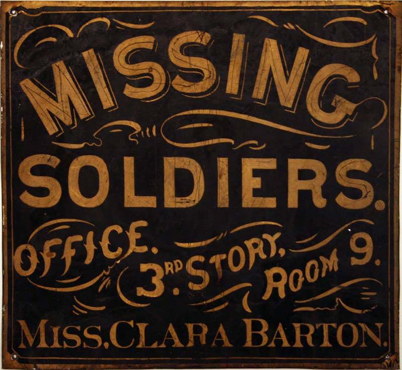 Sign that hung outside the office Barton opened with her own funds on the third floor of a boarding house in Washington, D.C. In its four years of operation, Barton’s office uncovered information on more than 22,000 soldiers. (Clara Barton Museum)