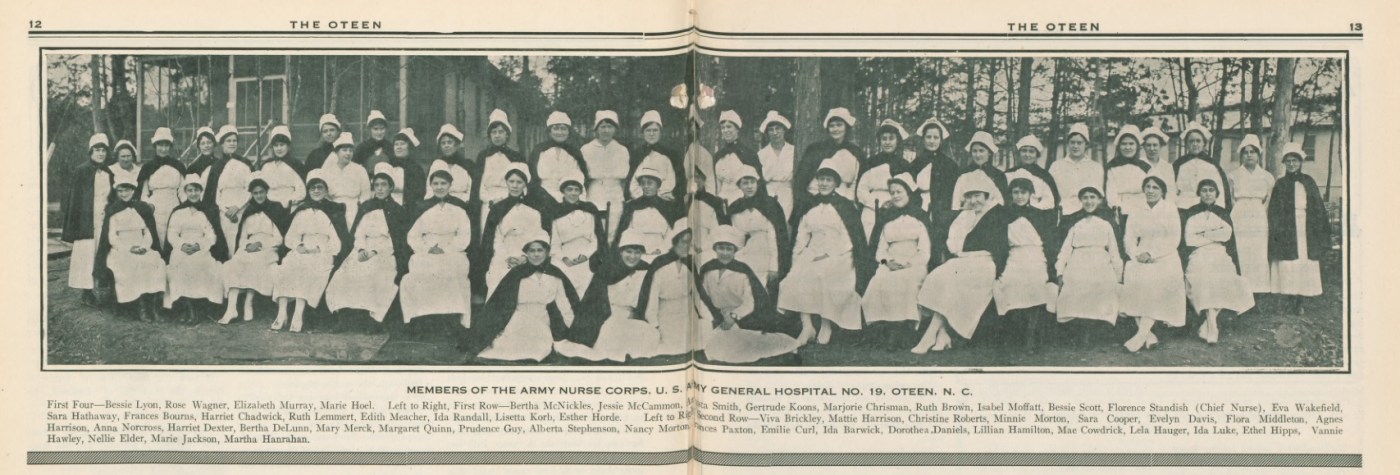 Photograph of Oteen nursing team in 1919, with Nurse Forence Standish sitting in the second row, just left of the seam. (The Oteen)