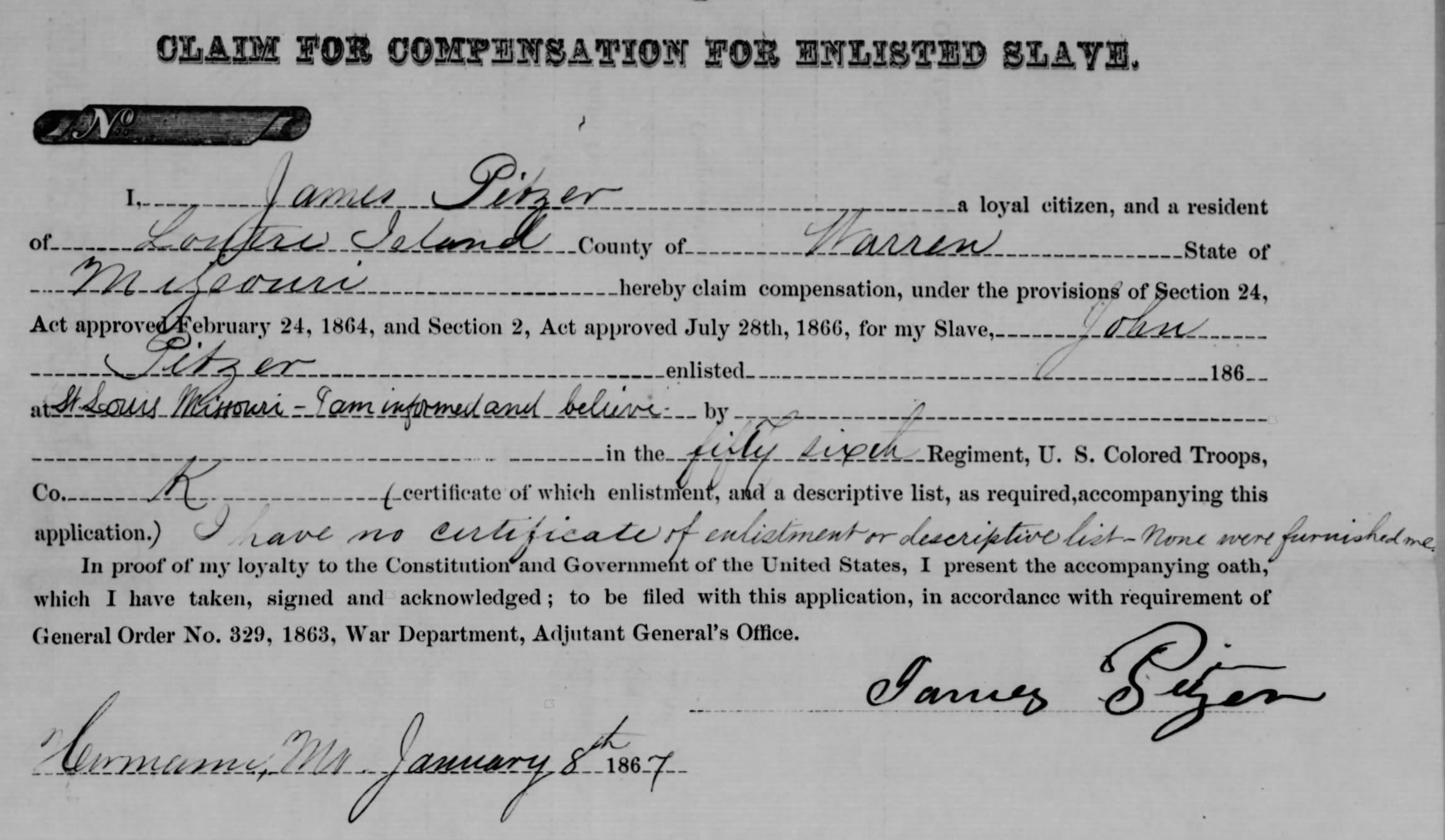 James Pitzer filing for financial compensation for John Pitzer’s service to the United States.
