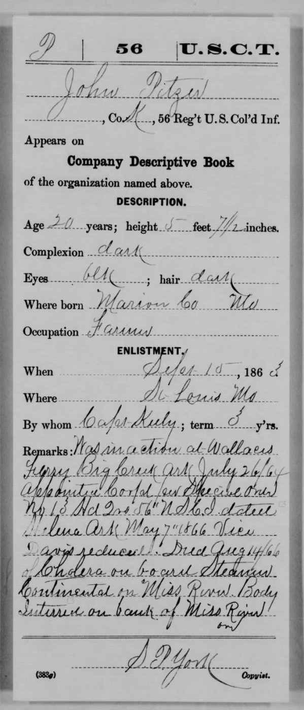 John Pitzer’s enrollment card for the 56th U.S. Colored Infantry.