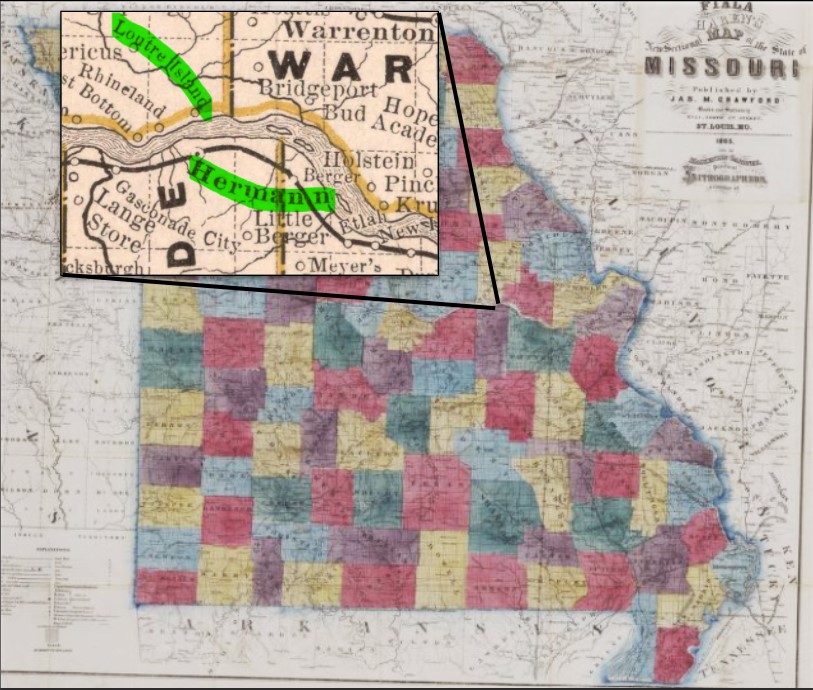 The enslaved refugees escaped across the Missouri River from Loutre Island to U.S. troops in Hermann, Missouri. Two maps from 1865 and 1882. (David Rumsey Map Collection, David Rumsey Map Center, Stanford Libraries)