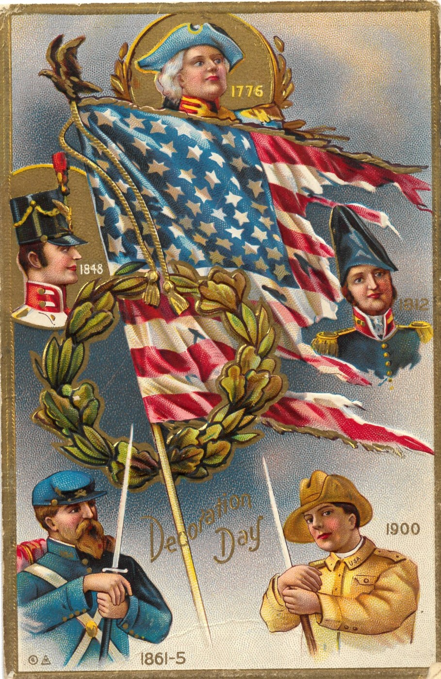 “Decoration Day 1776 / 1812 / 1848 / 1861-5 / 1900,” Decoration Day Series No. 3. Cancelled May 28, 1913. Gold highlights, embossed, E. Nash Co., NY, 1910. (NCA)