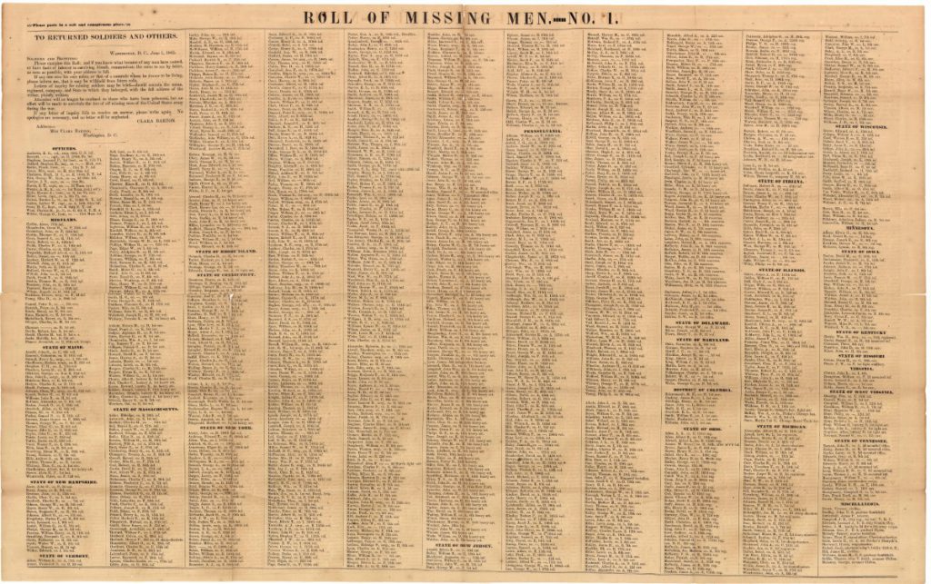 The first “Roll of Missing Men” dated June 1, 1865. Around 20,000 copies of the broadsheet were distributed throughout the country and numerous newspapers reprinted it. (Clara Barton Museum)