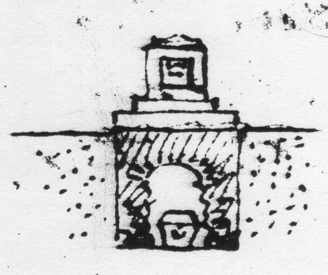 Architect Benjamin H. Latrobe’s rough sketch of the cenotaph, c. 1816-17, depicting the marker above ground and the tomb below. Most of the persons honored with a cenotaph were actually buried elsewhere. (Journals of Benjamin Henry Latrobe)