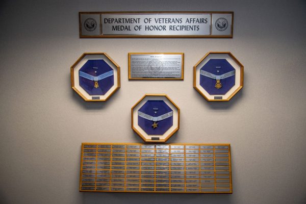 The wall display recognizes recipients of the Medal of Honor who worked at VA. The display is located outside the offices of the Under Secretary for Benefits in Washington, D.C. (VA)