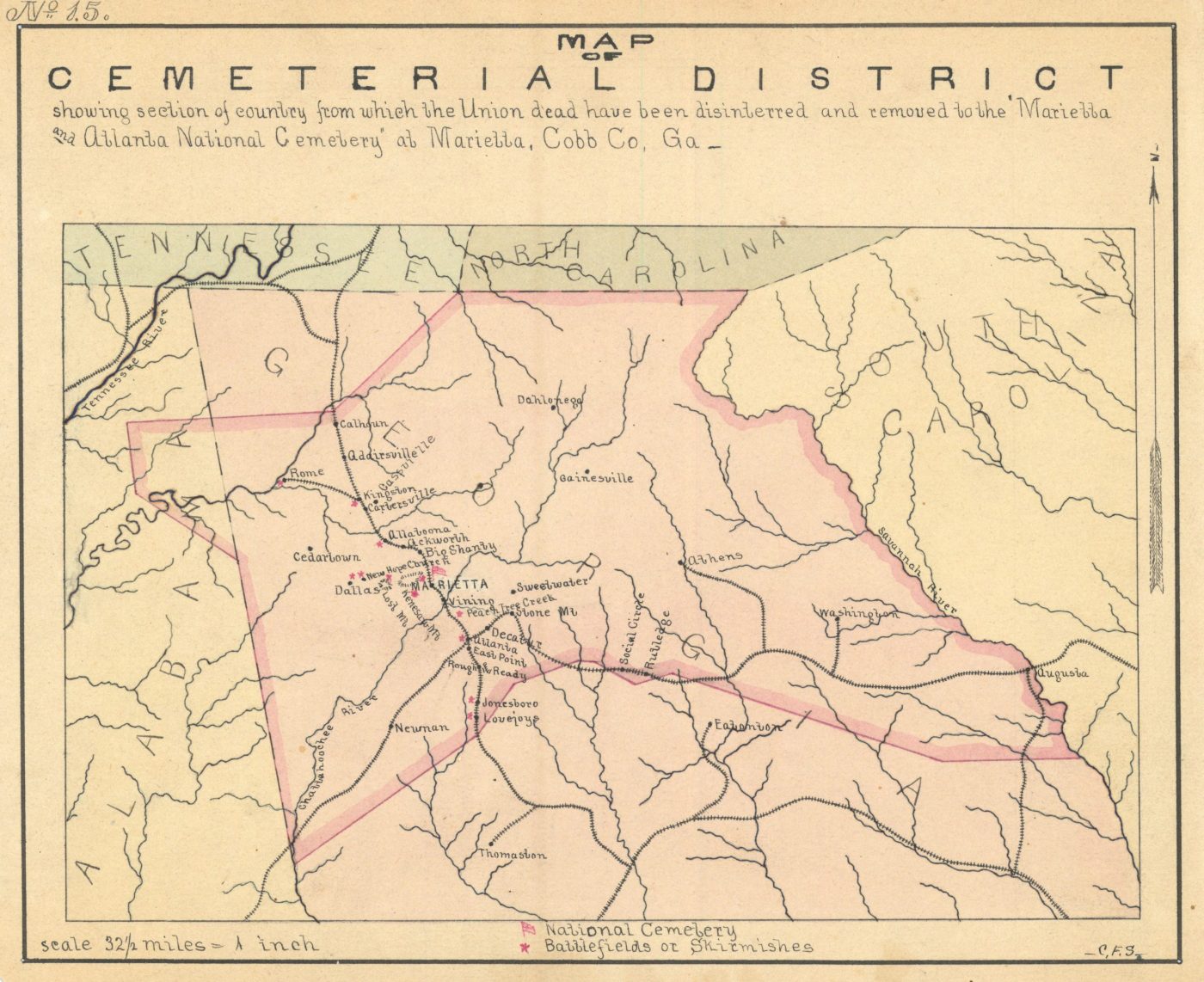 Map of the Cemeterial District in Georgia and sketch of Natchez National Cemetery in Mississippi. (National Archives)