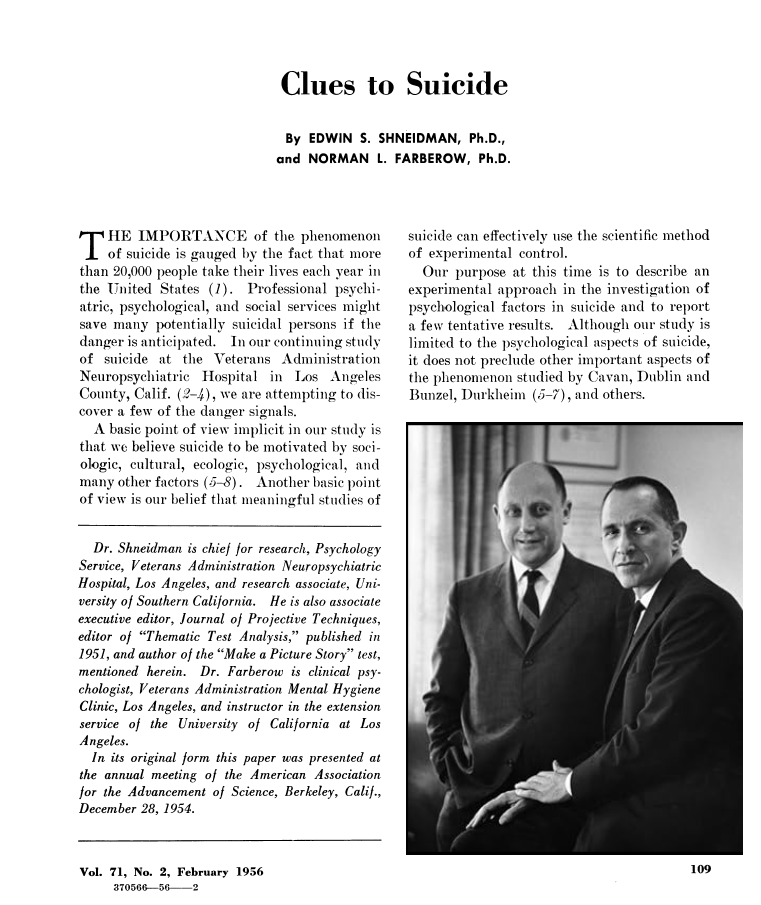 Title page of the seminal research paper on suicide published by VA psychologists Edwin Shneidman and Norman Farberow in 1956. Insert: Shneidman and Farberow (NIH National Library of Medicine; IMDB.com)