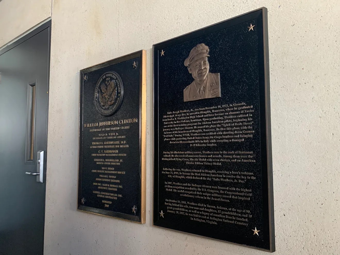 A plaque dedicated to Luke Weathers, Jr. at the entrance to the hospital was also unveiled during the ceremony. (Jacob Wilt, The Commercial Appeal)