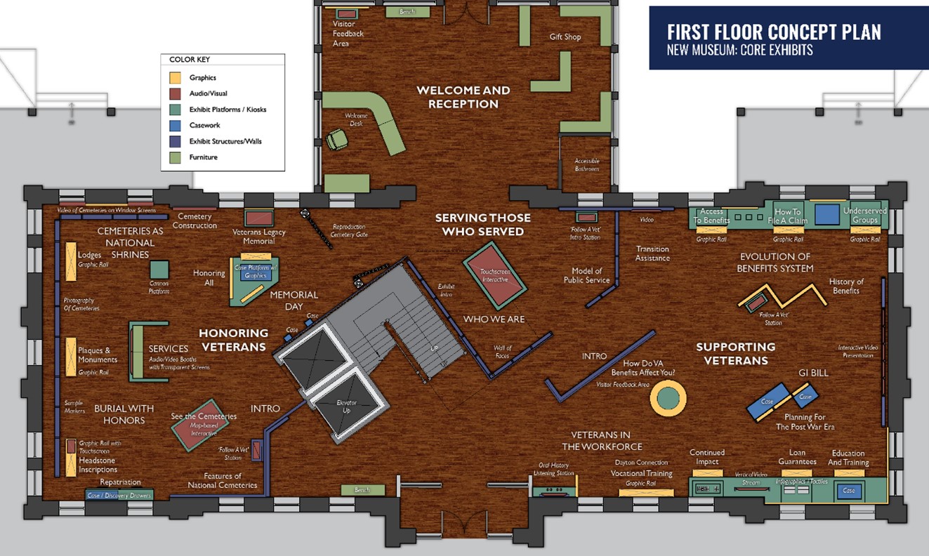 The first floor concept plan from the Interpretive Master Plan for the future National VA History Center.