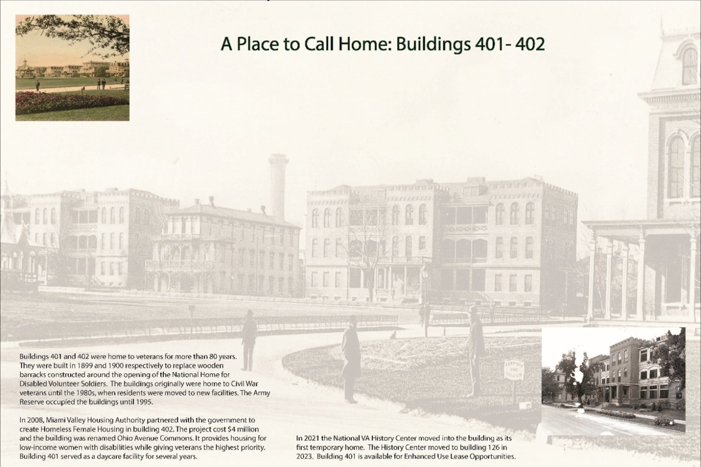 Draft interpretive panel for buildings 401 and 402.