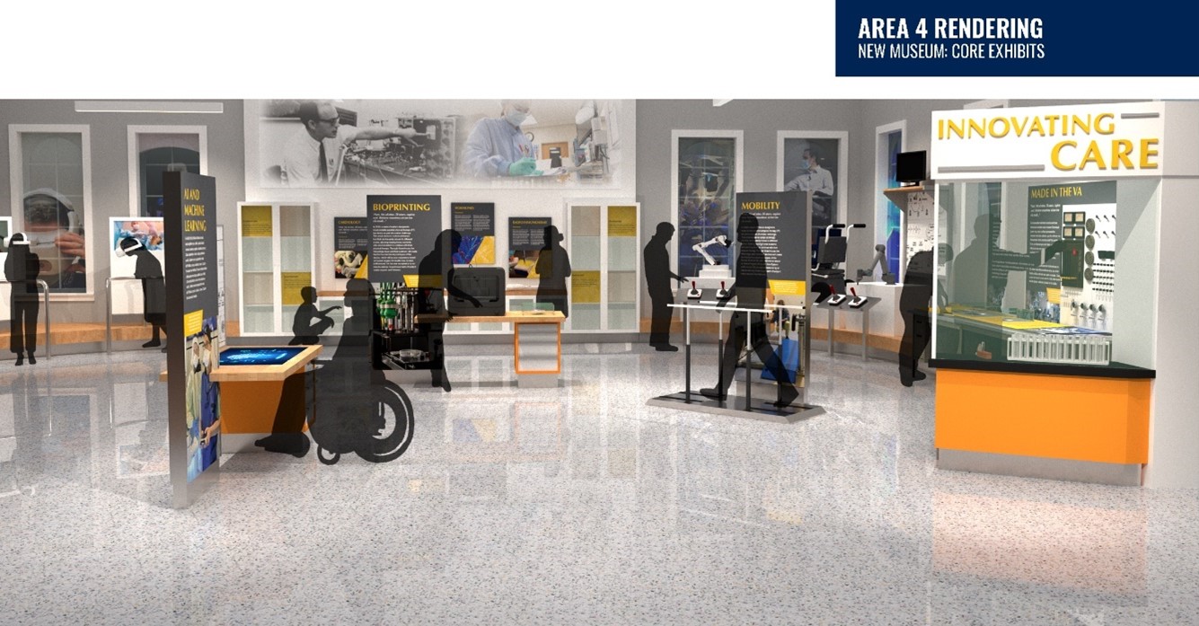 A rendering example of an area for the future National VA History Center showcasing possible exhibit space.