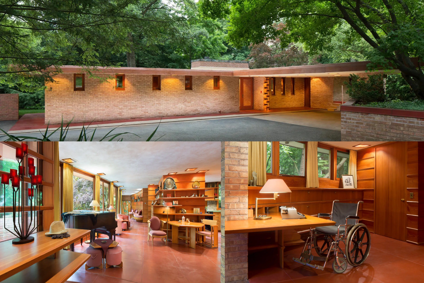 Photos of the front (top) and interior (bottom) of the Illinois house designed by architect Frank Lloyd Wright for Navy Veteran Kenneth Laurent after World War II. Laurent was left paralyzed by a tumor on his spinal cord. (laurenthouse.com)
