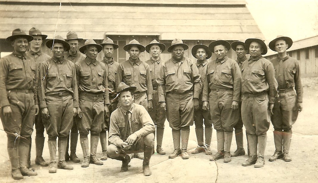 Native American recruits at an Army camp in Texas during World War I. One of three Indian men of military age—more than 12,000 overall—either volunteered for service or were drafted. (Francine Locke Bray)