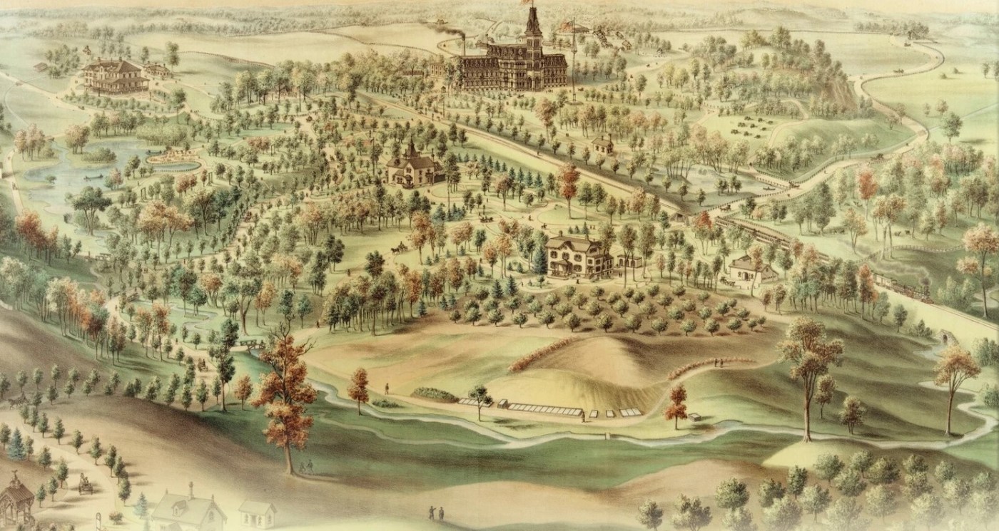 Colorized print of the National Home established in 1867 on the outskirts of Milwaukee, Wisconsin. Landscape architect Thomas B. Van Horne designed the grounds to harmonize with the rolling terrain. A local newspaper pronounced the site superior to New York’s Central Park. (savethesoldiershome.com)