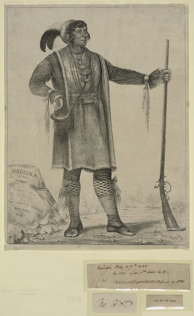 Drawing of Seminole warrior Osceola by artist George Caitlin, 1838. Osceola led the ambush of U.S. troops that sparked the Second Seminole War in 1835. He was captured two years later when U.S. Army officers violated a flag of truce during peace talks. (Library of Congress)