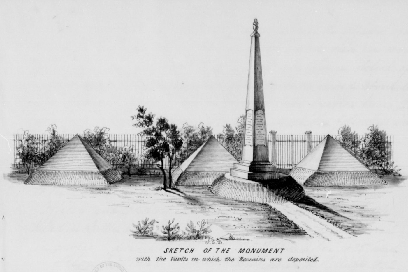 Sketch of the Dade Pyramids and Monument in St. Augustine, Florida, from 1844 U.S. Army report. At the end of the Second Seminole War (1835-42), the Army interred the remains of an estimated 165 U.S. soldiers who died in the conflict in vaults beneath the pyramids. (National Archives)
