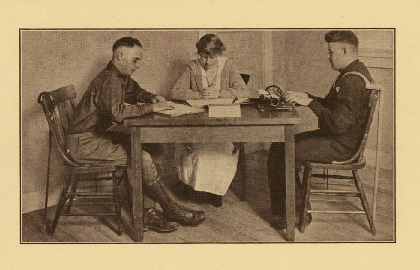 Two World War I servicemen with vision loss receive instruction on reading Braille and using a typewriter at the Army’s Evergreen facility near Baltimore, Maryland. (Perkins School for the Blind Archives)