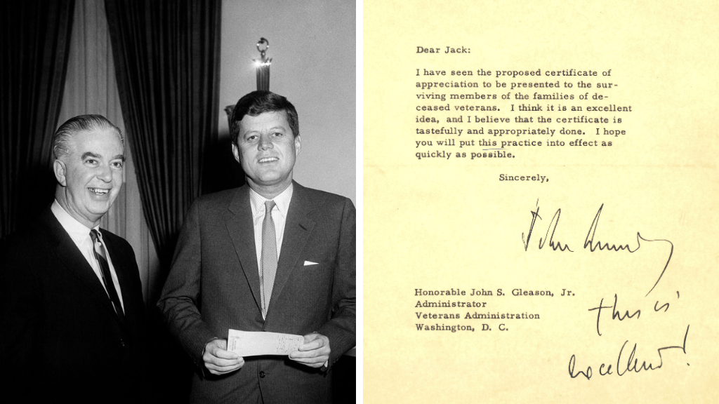 L: VA Administrator John Gleason, Jr. and President Kennedy in the Oval Office, 1961; R: Kennedy’s memo to Gleason in March 1962 giving his blessing to the certificate program that has continued under every sitting president. (John F. Kennedy Presidential Library and Museum; NCA)