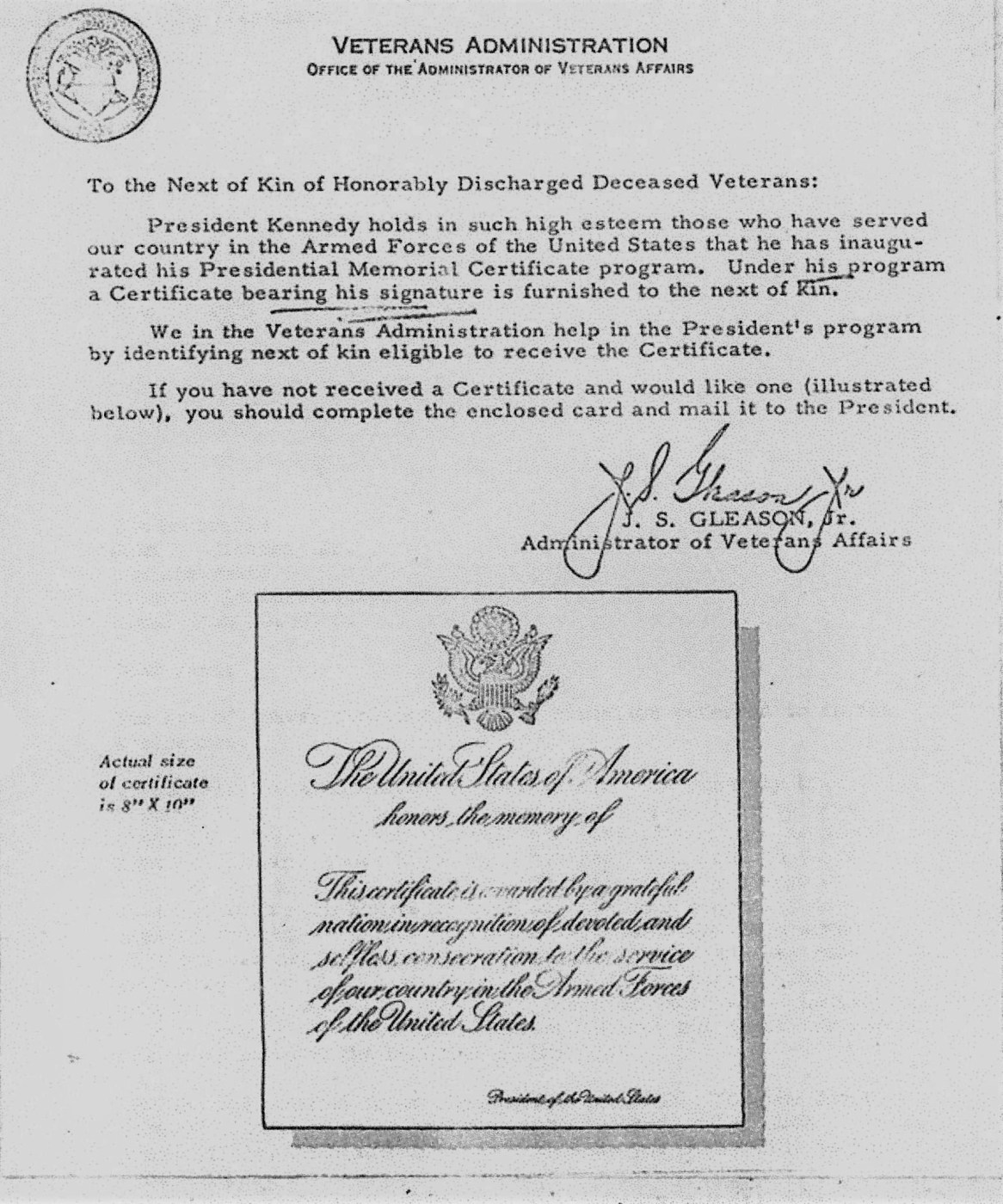 Note from Administrator Gleason in 1963 inserted in mailings to next of kin informing them of their eligibility to receive a memorial certificate. (NCA)
