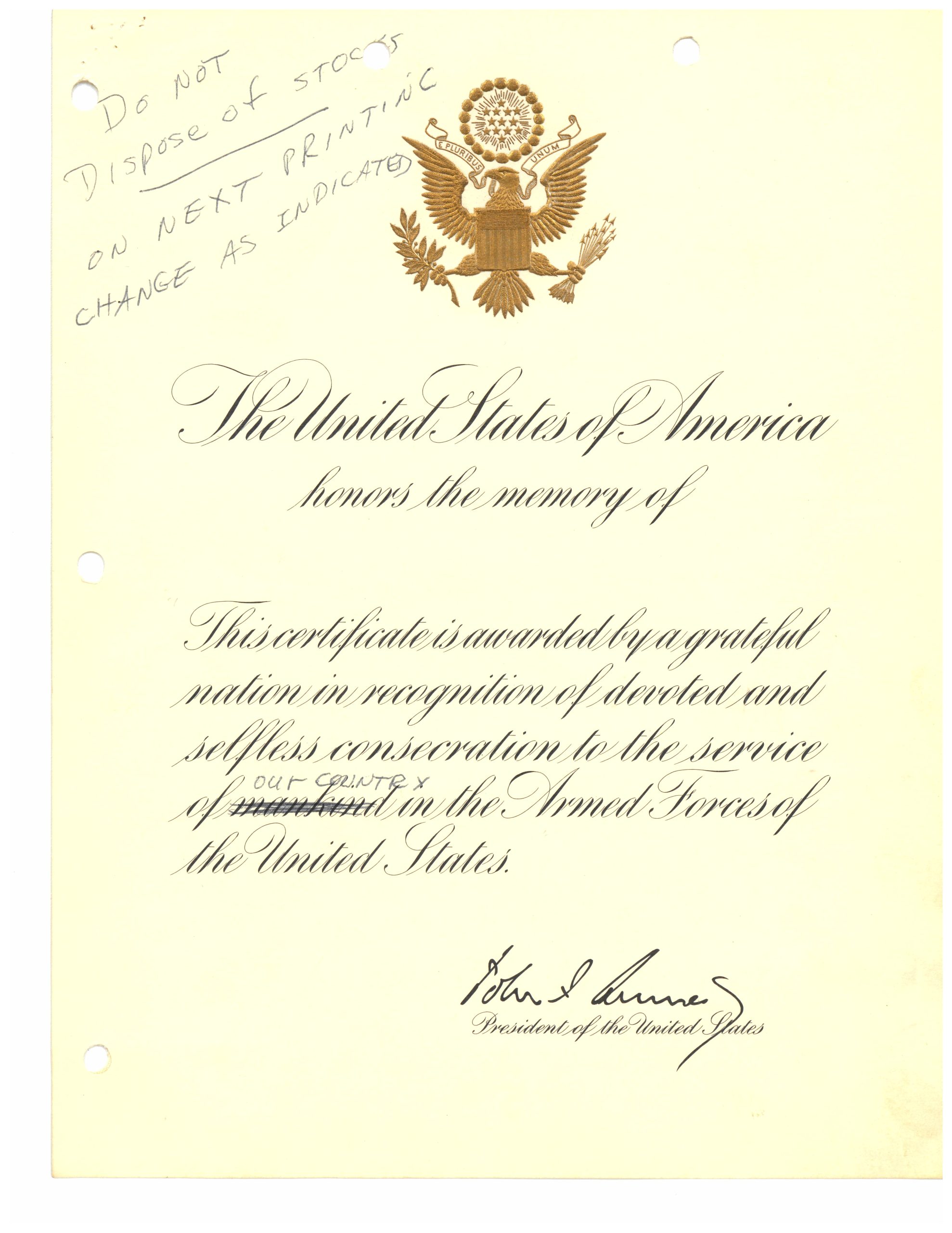 Read Object 73: Presidential Memorial Certificate