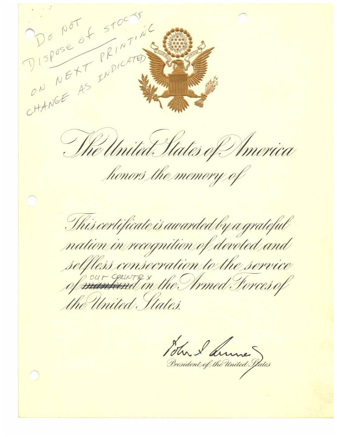 Presidential Memorial Certificate marked with changes in the wording requested by President John F. Kennedy, Jr. in September 1962. VA issued the gold-embossed certificates to family members of deceased Veterans to honor their military service. (NCA)