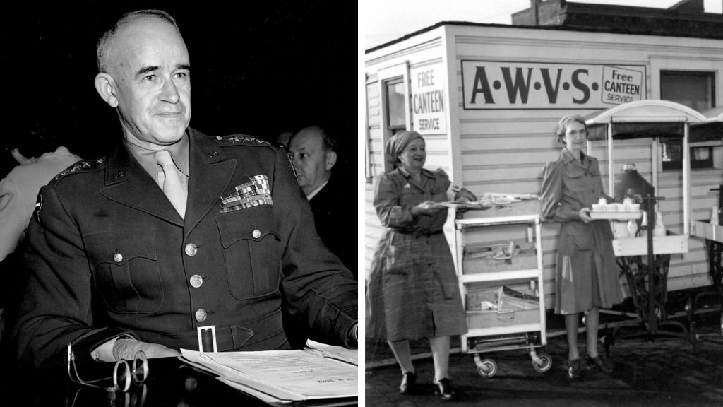 L: U.S. Army General and VA Administrator Omar N. Bradley at a Congressional hearing in 1945; R: Members of American Women’s Voluntary Services staffing a free canteen for soldiers, c. 1943. Bradley wanted hospitalized Veterans to enjoy concessions on par with the canteen services available during the war. (CNN; remarkableohio.org)