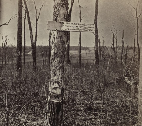 O’Hara’s poem resonated with soldiers during the Civil War, who were often in close proximity to death. This sign displaying the poem’s most famous passage was nailed to a tree stripped bare during the savage fighting in the Battle of the Wilderness in 1864. (Library of Congress)