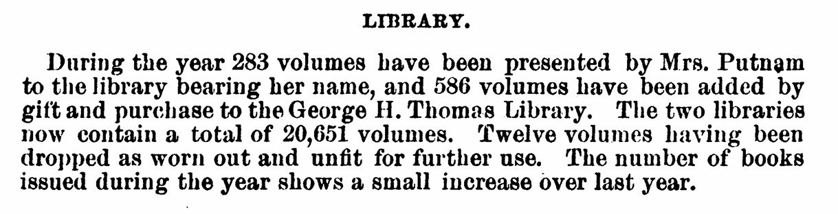 Excerpt from the 1897 Annual report documenting the number of books donated and that some have been discarded because they’ve been worn out. (VA)