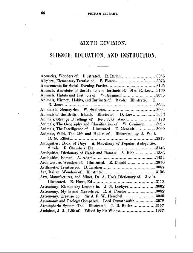 First page of the Science, Education, and Instruction series of the 1881 Putnam Library Catalog. (VA)