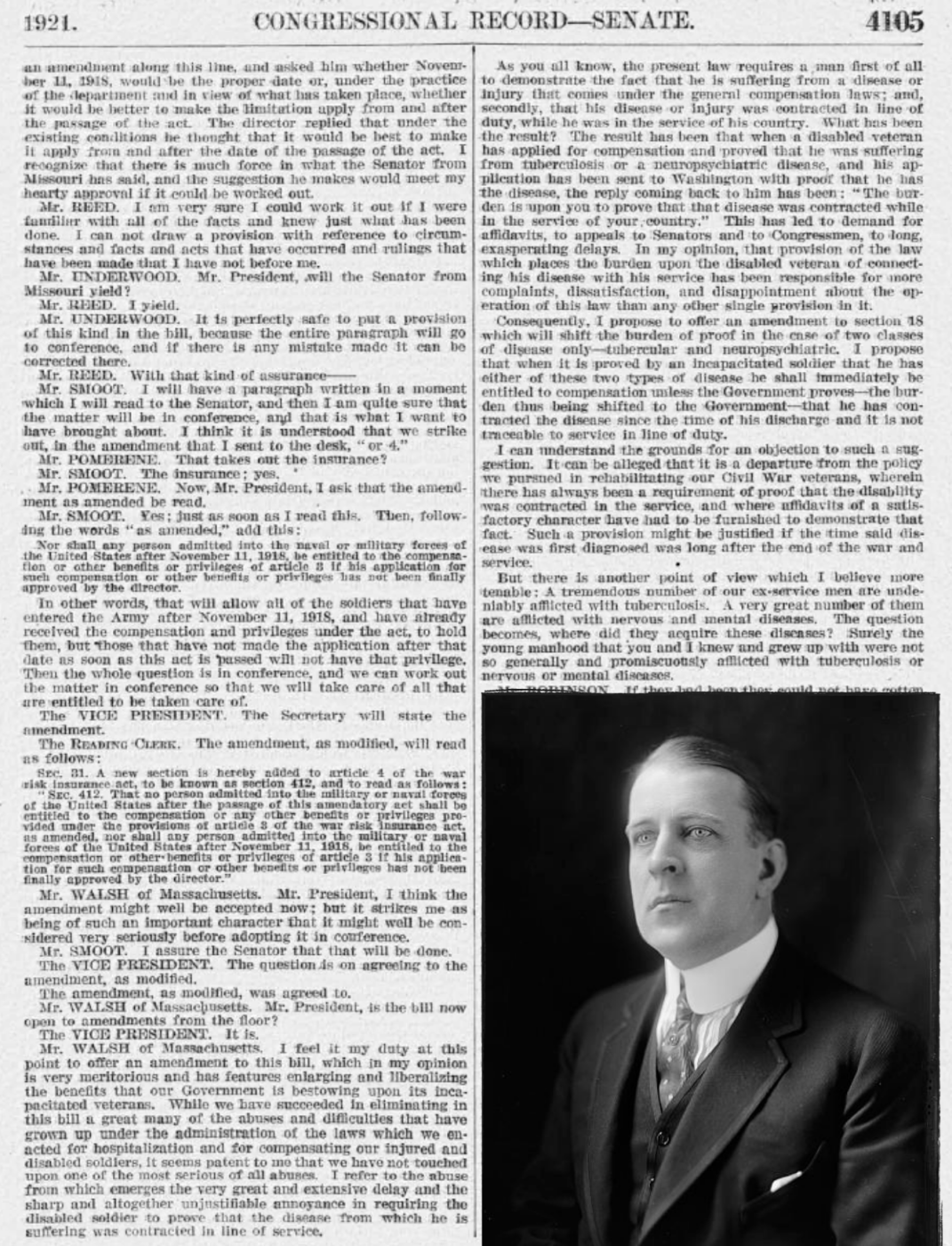 Page from 1921 Congressional Record with Senator David Walsh’s speech highlighted proposing to treat tuberculosis and neuropsychiatric disorders as automatically service connected for compensation purposes. Inset: Walsh in an undated photo. (congress.gov; Library of Congress)