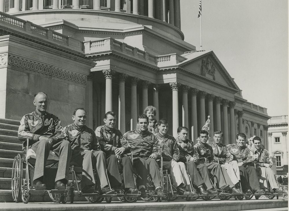 The Birmingham Flying Wheels on the steps of the Capitol in 1948. The team stopped off at the Capitol during their barnstorming tour to lobby Congress for benefits that would help paralyzed Veterans purchase wheelchair-accessible housing. (Rynearson Family Archive)