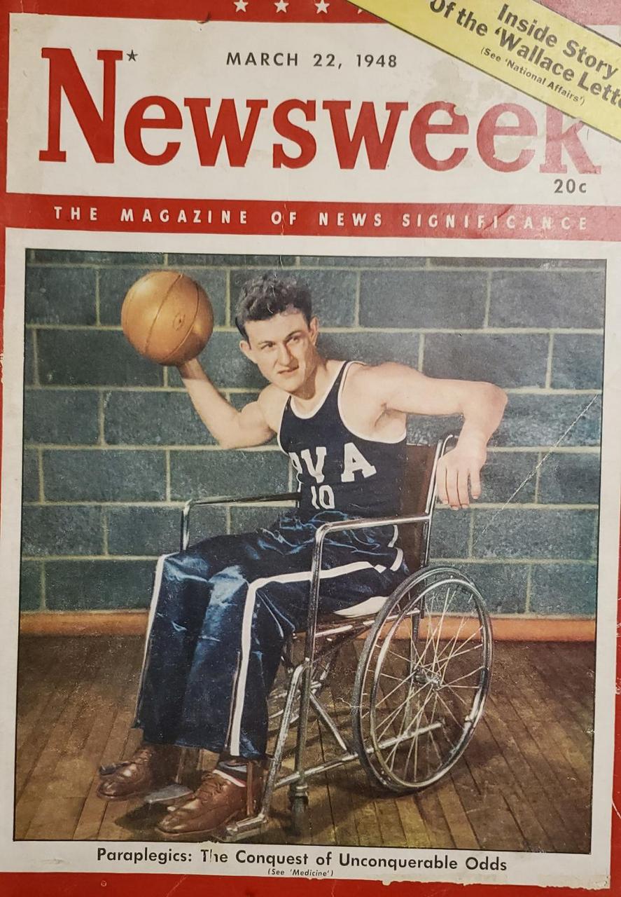 Wheelchair basketball star Jack Gerhardt, a paratrooper who was paralyzed in the fighting at Normandy in 1944. He landed on the cover of Newsweek magazine in 1948 after his standout shooting led Halloran to victory in an exhibition game played at Madison Square Garden in New York City. (Newsweek Magazine)