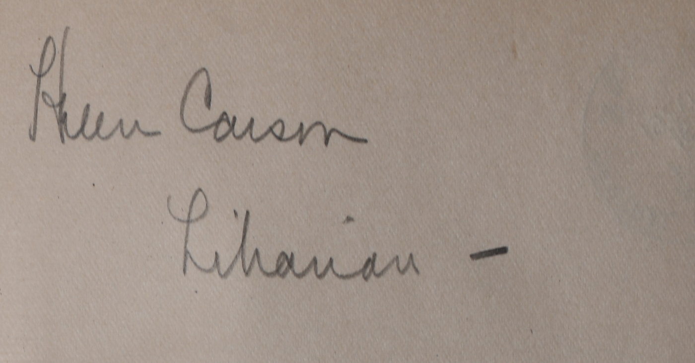 Helen Carson’s signature, as written in the front of a copy of the 1919 Annual Report of the Board of Managers.